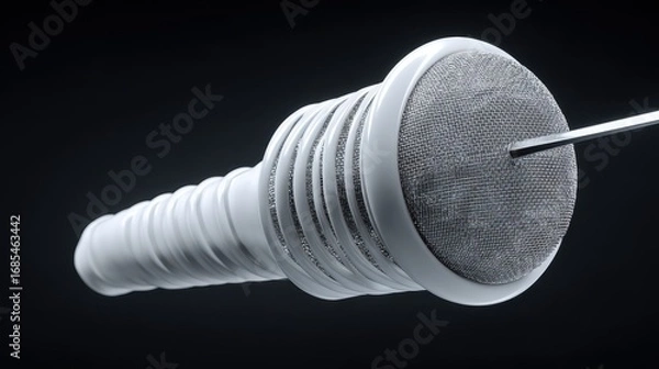 Obraz Abstract White Cylindrical Structure with Metal Mesh and Silver Rod on Black Background