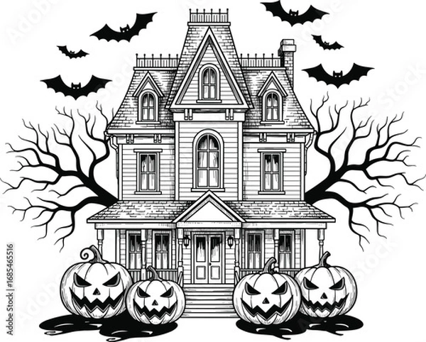 Fototapeta Haunted house Halloween, spooky Victorian mansion, eerie pumpkins, twisted trees, flying bats, gothic scene, cad drawing, flat vector illustration