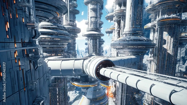 Fototapeta Futuristic space city with elevated walkways, sci-fi architecture and clear blue sky