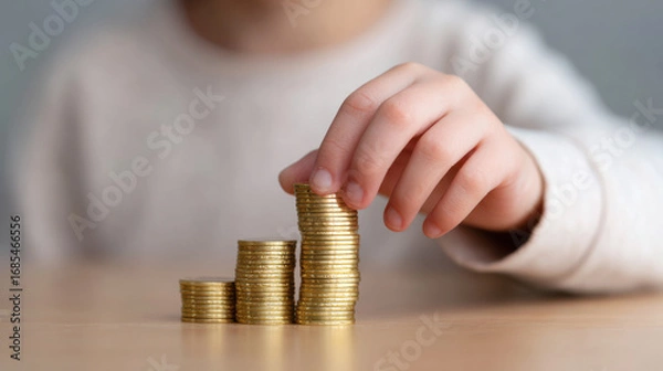 Fototapeta Gold price surge inspires saving habit with stacked coin piles and child hand