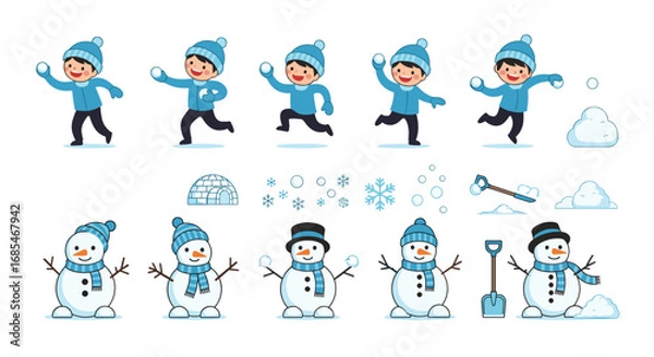 Fototapeta Delightful winter characters and snowy fun illustrations capturing joyful children and adorable snowmen engaged in seasonal activities creating a festive atmosphere