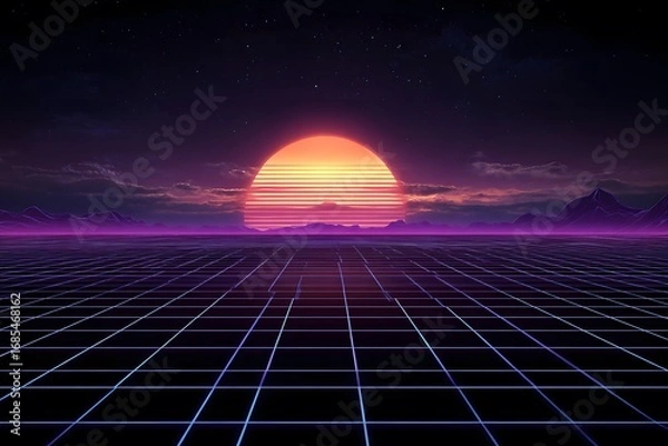 Fototapeta 3D grid, a purple glow on the horizon, synthwave, flat design.