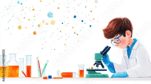Fototapeta Young scientist examines samples microscope, surrounded by colorful laboratory equipment and vibrant particles air, showcasing curiosity