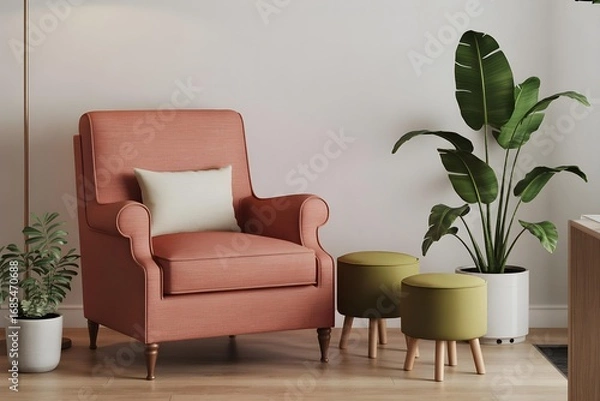 Obraz cozy interior scene featuring a coral-colored armchair with a white cushion, two small green footstools