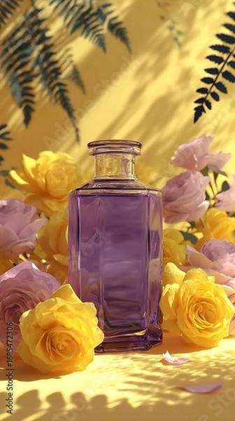 Fototapeta Awesome photo of glass bottle of purple liquid sits amidst yellow roses and fern leaves on a pale yellow background, creating a serene and elegant aesthetic.