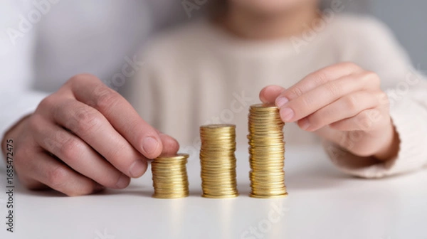 Fototapeta Gold price surge shown by hands stacking gold coins in increasing piles on white table