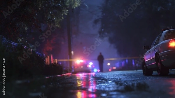 Fototapeta Awesome photo of nighttime scene depicting a police investigation with flashing lights.