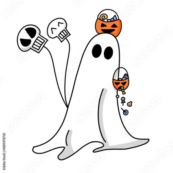 Obraz Halloween ghost holding pumpkin basket with candies