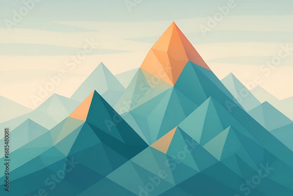 Fototapeta Geometric Mountain Range Illustration with Triangular Peaks in Green Blue and Orange