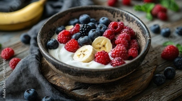 Obraz Healthy Breakfast with Fresh Fruits and Yogurt
