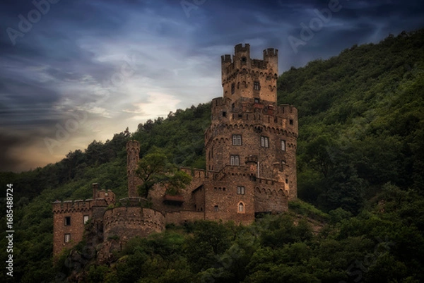 Obraz Historic Castle, Perched High on the Mountainside on Rhine River