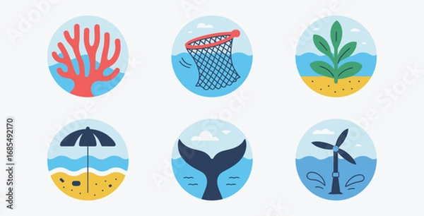 Fototapeta Sustainable Coastal Environment Icons Representing Ocean Life and Renewable Energy Sources for Environmental Conservation and Awareness Campaigns Promoting Clean Oceans
