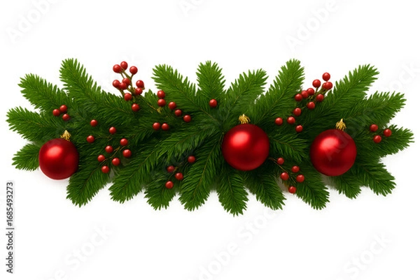 Fototapeta Festive christmas garland with red baubles and berries on a transparent background isolated on transparent background