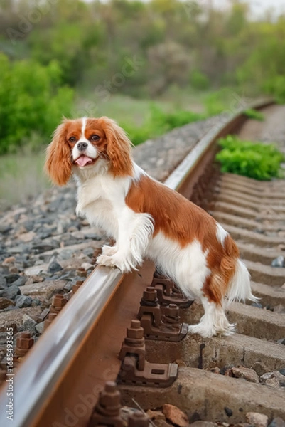 Obraz Cavalier King Charles Spaniel standing on railroad tracks