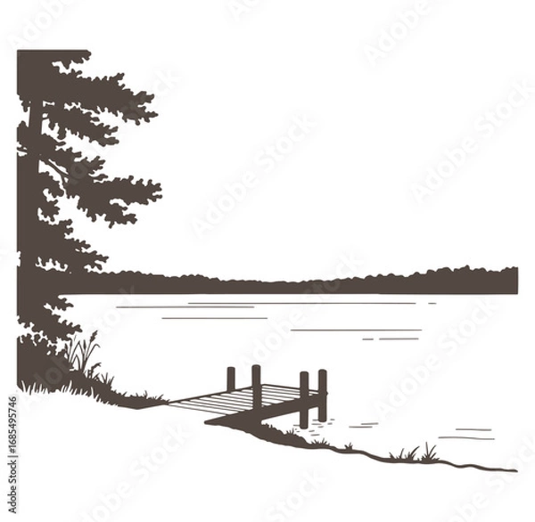 Fototapeta Silhouette illustration of a serene lake scene with a wooden dock and tree outline