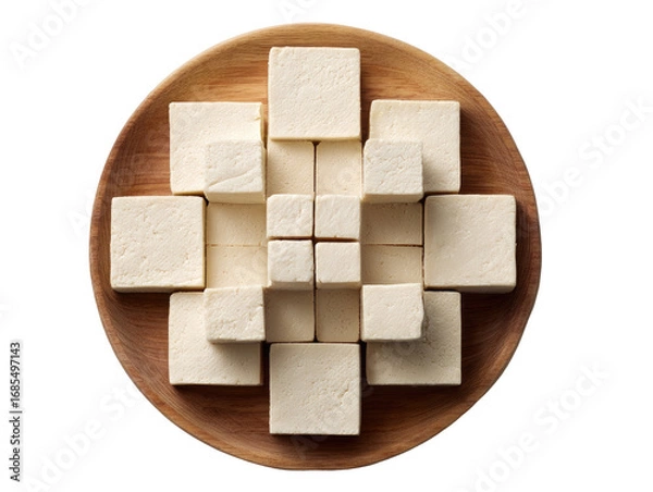 Fototapeta Stacked tofu cubes on a wooden plate, arranged symmetrically