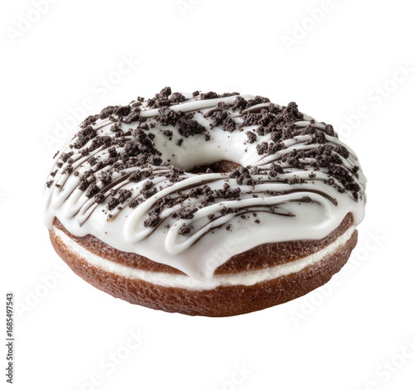 Fototapeta Round donut, white icing, chocolate cookie crumbs
