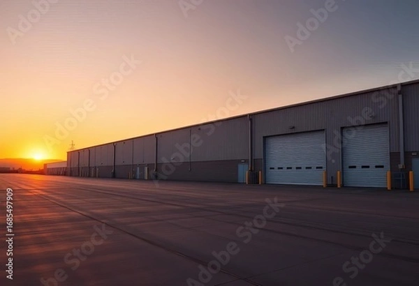 Fototapeta Sunset illuminates empty warehouse with large metal shutter doors, vast paved area extends to horizon,  space,  photography