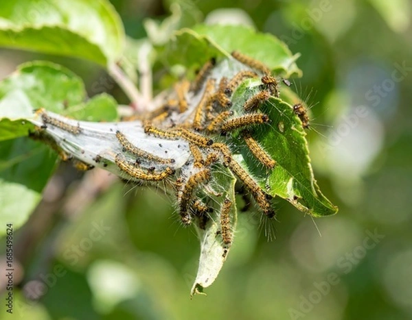 Obraz Caterpillars clustered on an apple leaf