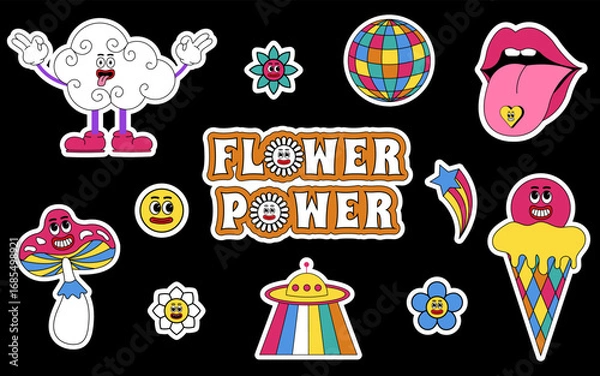 Fototapeta Groovy stickers set. Groovy hippie 70s set. Sticker pack in trendy retro psychedelic style.