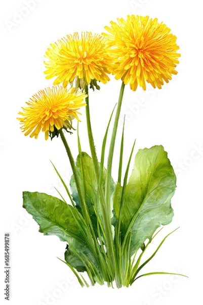 Fototapeta Three vibrant yellow dandelions,  with lush green leaves,  isolated against a black background.  The flowers appear detailed and full,  while the leaves have a slightly textured appearance