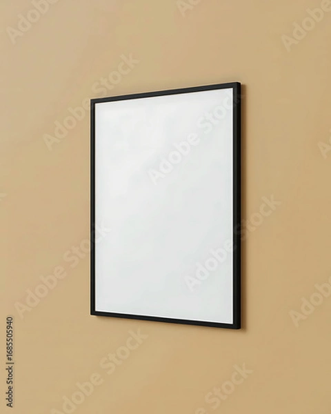 Fototapeta Clean framed blank white poster displayed on a textured light brown wall ideal for mockups and interior design concepts