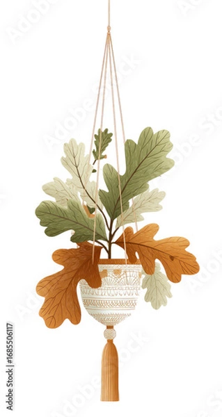 Fototapeta Hanging planter with autumnal leaves.  Beige, cream, and muted green leaves fill a light-colored pot suspended by a woven macrame