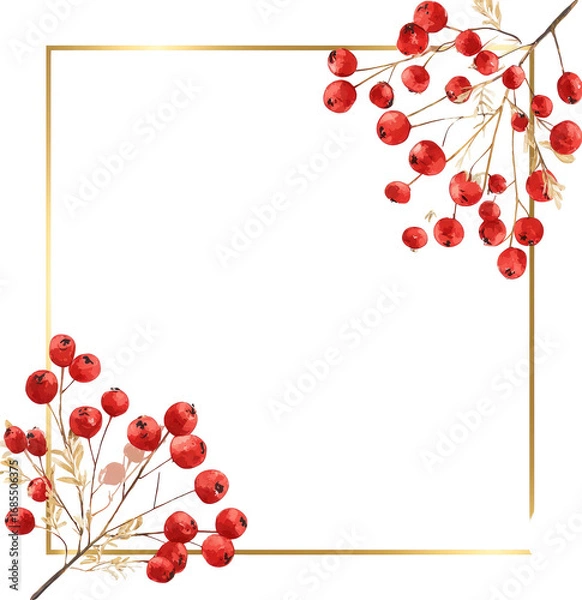 Fototapeta Golden frame with red berries and branches
