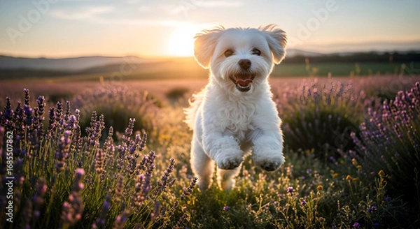 Obraz A white Maltese puppy joyfully leaps through a field of lavender at sunset. The golden light illuminates the scene, creating a vibrant and heartwarming image.