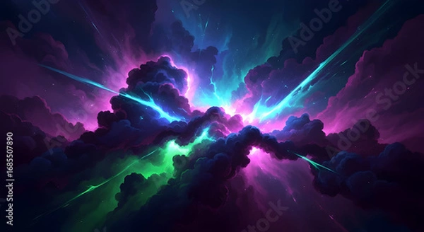 Obraz A digital painting depicting a vibrant cosmic explosion within dark clouds.  Neon pink, teal, and green streaks illuminate the scene, creating a dramatic and energetic atmosphere.