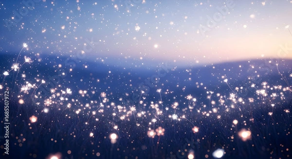 Obraz Luminous flowers illuminate a twilight field, their soft glow contrasting against a dusky sky filled with shimmering particles.  A dreamy, ethereal scene.