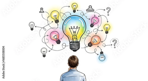 Obraz A man contemplates a large central lightbulb, surrounded by smaller, colorful bulbs interconnected by flowing lines and question marks, symbolizing the generation and connection of creative ideas.