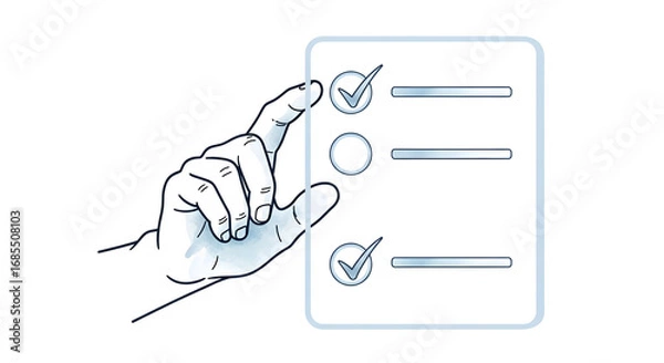 Obraz A hand interacts with a digital checklist, marking tasks as complete.  The illustration highlights task management and digital organization.