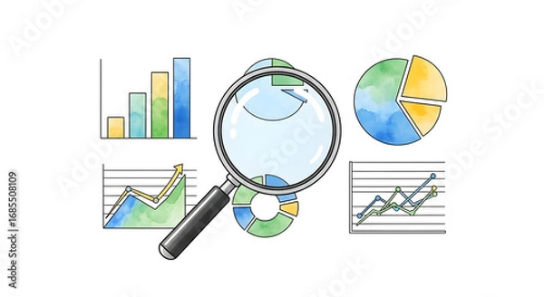 Obraz Watercolor charts and graphs are examined using a magnifying glass, illustrating data analysis and the search for insights and trends in business performance or market research.