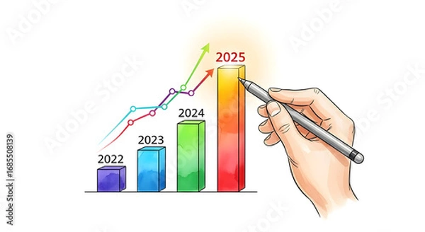 Obraz A hand draws on a bar graph illustrating projected growth from 2022 to 2025.  The upward trend showcases significant anticipated increase.