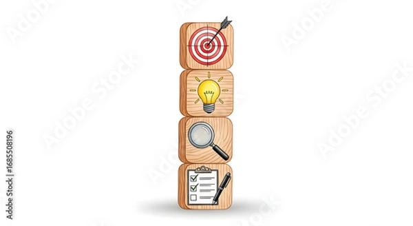 Obraz Wooden blocks illustrate a process: target, idea, research, checklist.  Visual representation of goal achievement strategy.