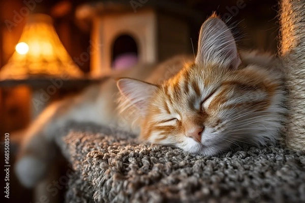 Fototapeta Sleeping Orange Cat on Cat Tree
