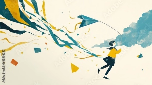 Fototapeta A young boy in a yellow jacket flies a blue diamond kite amidst colorful ribbons against soft watercolor clouds.