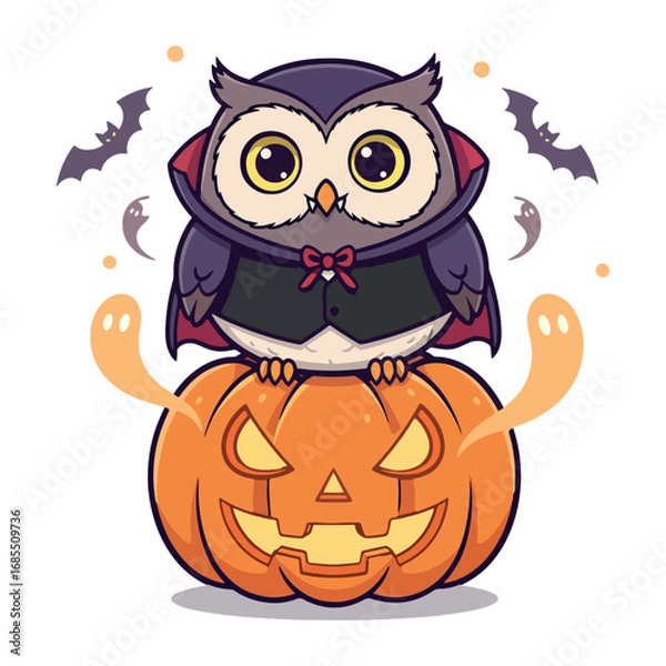 Fototapeta Kawaii Halloween owl character with cape and bow tie perched on carved pumpkin bats flying around illustration
