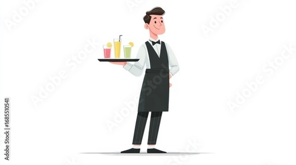 Fototapeta A formal animated waiter holds a tray with four colorful drinks, dressed in a suit with a bow tie and apron,