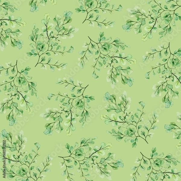 Fototapeta Seamless Watercolor Pattern with Delicate Green Foliage on Light Background