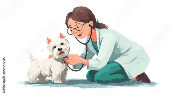 Fototapeta A veterinary nurse in a light blue coat and green scrubs attentively examines a small white dog with a stethoscope,