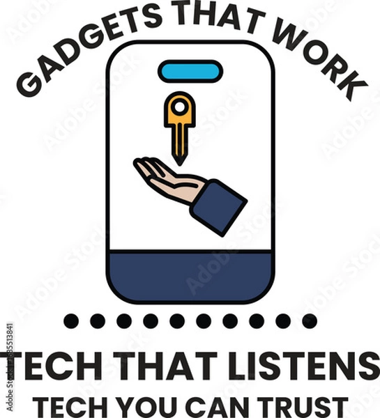 Fototapeta A hand holding a key is shown on a white background with the words "Tech that li
