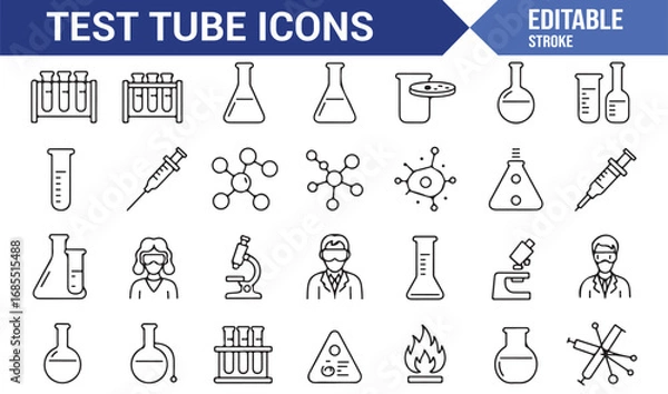 Fototapeta Editable stroke test tube icons collection with laboratory glassware, microscope, molecules, and hazard symbols