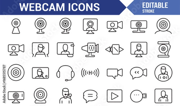 Fototapeta Technology webcam icons set in outline style with recording, chat, live meeting, and communication symbols