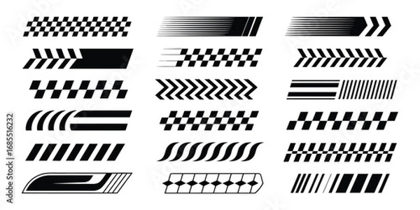 Fototapeta Racing Car Stripes and Vehicle Decal Vector Set – Includes Angled Checkered Patterns, Finish Line Flags, Motocross Labels, Speed Lines, and Motorsport Graphics for Car Tuning