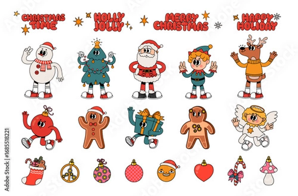 Fototapeta Christmas characters. Holiday groovy mascots. Retro cartoon 60s-70s New Year elements. Vintage cute Santa Claus, snowman, elf, reindeer, Christmas tree and toys. Vector set