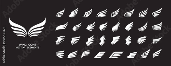 Fototapeta Wing icons. Wings silhouette. Bird feather shape logo, eagle wings, angel emblems, fantasy winged badge, minimal flying aviation symbol. Different shape tattoo. Vector set