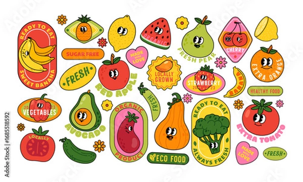 Fototapeta Fruit stickers. Retro vegetable labels. Patch with groovy, fruity characters with text slogan. Badge with apple, tomato, banana, orange for supermarket, local farm. Vector set