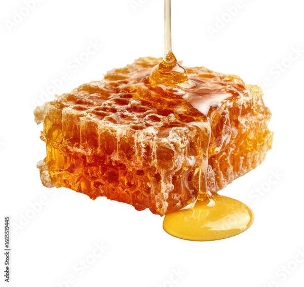 Fototapeta Honeycomb with honey dripping.  A close-up image shows a single piece of honeycomb, amber-colored and textured, with honey pouring down and pooling around it.  The backdrop is pure black
